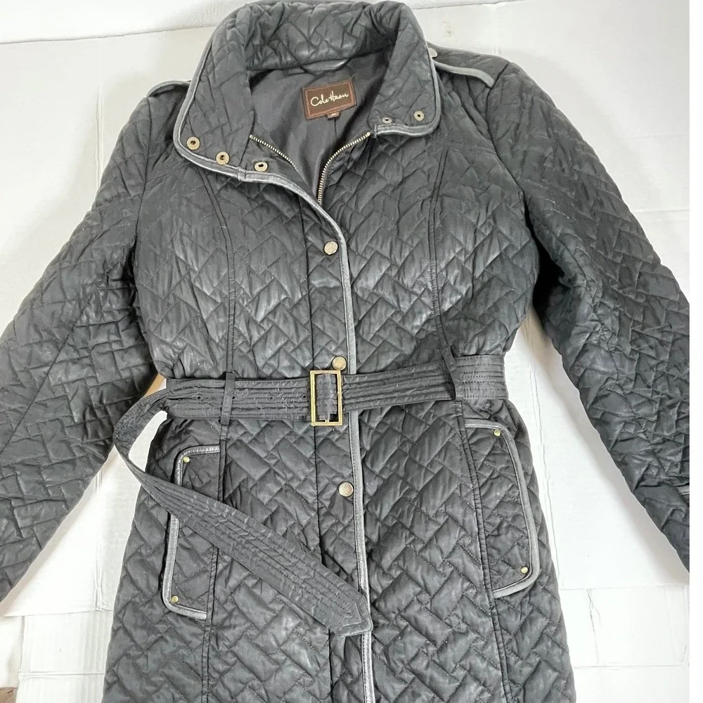Cole Haan Womens Quilted Trench Coat Belted  Black Lamb Skin Trim‎ Medium